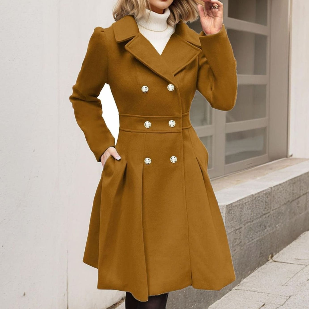 Women's Double-Breasted Flared Pleated Wool-Blend Midi Coat - Camel