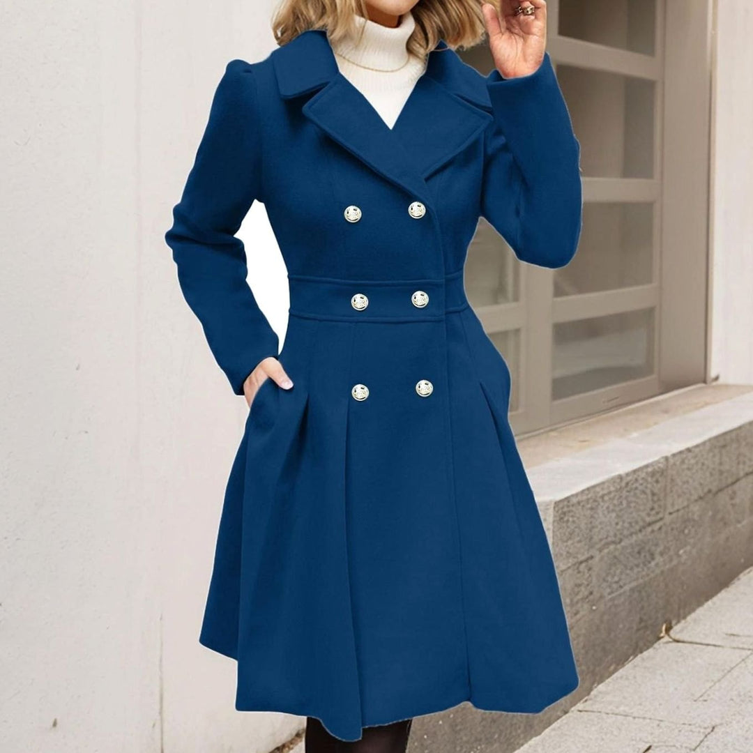 Women's Double-Breasted Flared Pleated Wool-Blend Midi Coat - Dark Navy