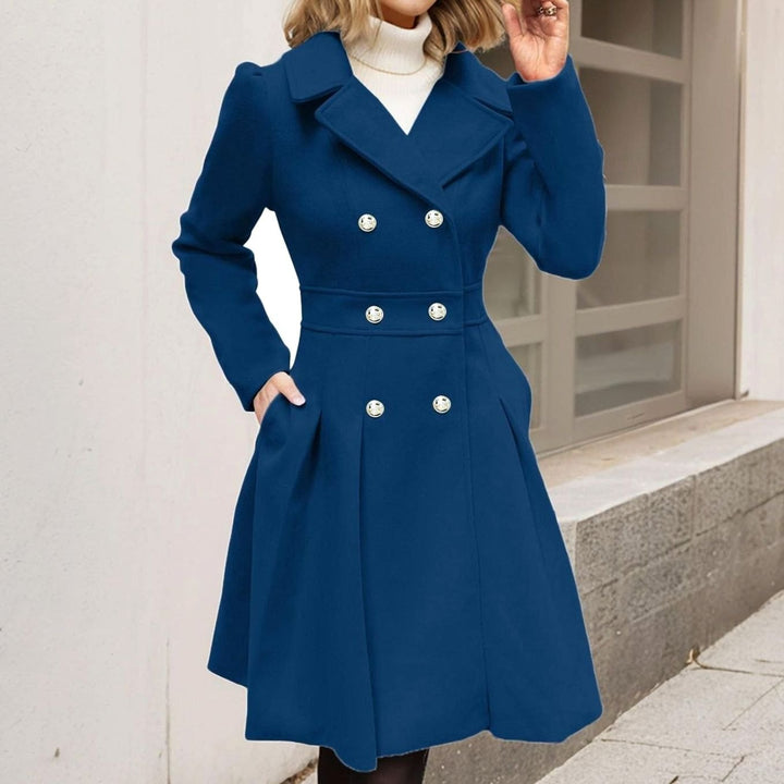 Women's Double-Breasted Flared Pleated Wool-Blend Midi Coat - Dark Navy