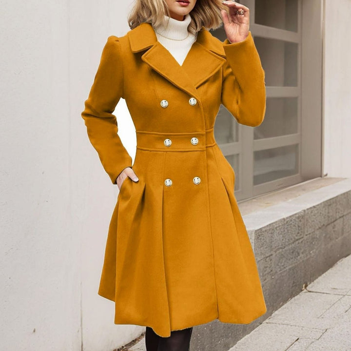 Women's Double-Breasted Flared Pleated Wool-Blend Midi Coat - Yellow