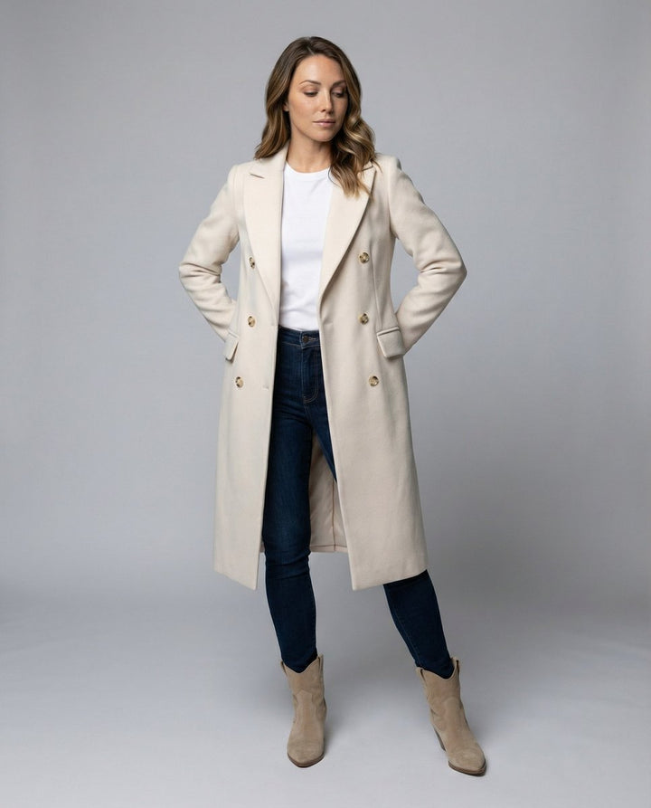 Women's Double-Breasted Midi-Length Polyester Overcoat Gold-Tone Buttons