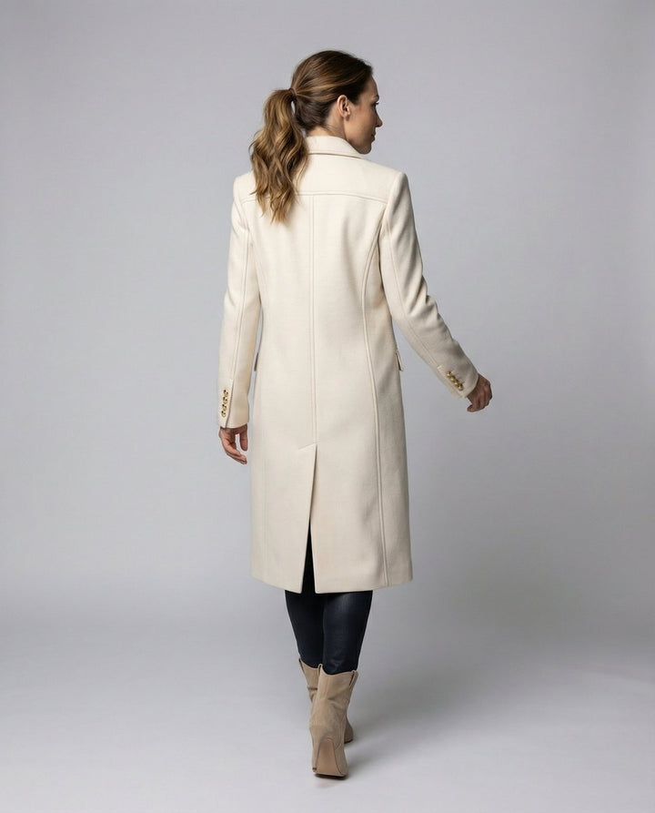 Women's Double-Breasted Midi-Length Polyester Overcoat Gold-Tone Buttons