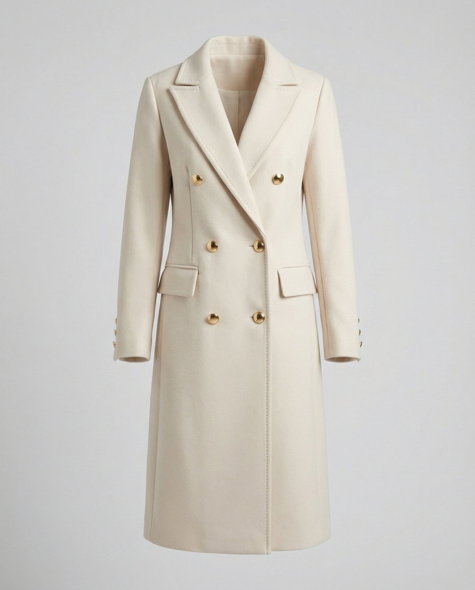 Women's Double-Breasted Midi-Length Polyester Overcoat Gold-Tone Buttons