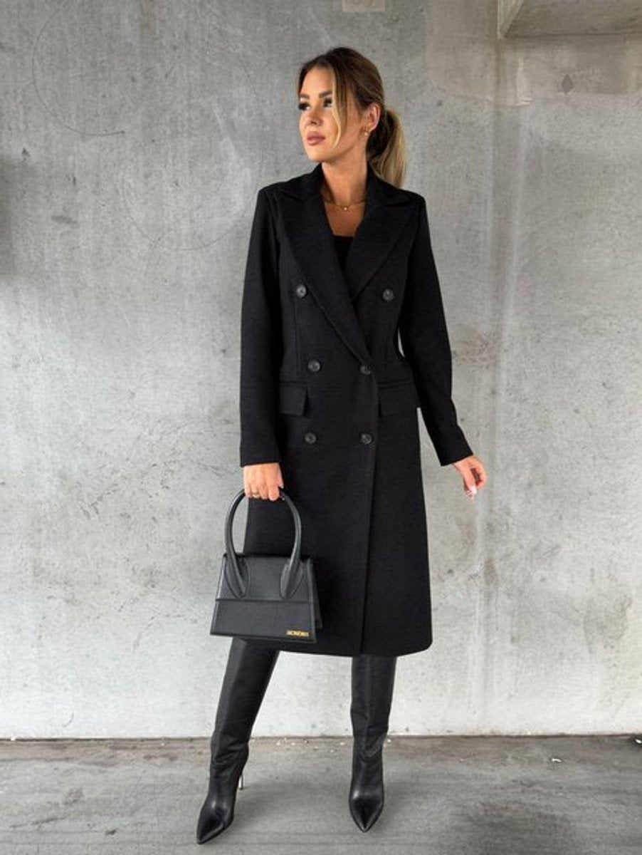 Women's Double-Breasted Midi-Length Polyester Overcoat Gold-Tone Buttons - Black