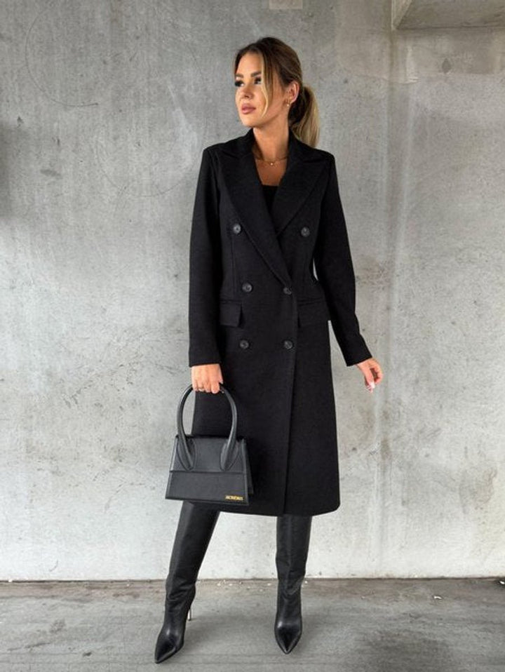 Women's Double-Breasted Midi-Length Polyester Overcoat Gold-Tone Buttons - Black
