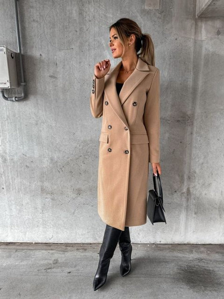 Women's Double-Breasted Midi-Length Polyester Overcoat Gold-Tone Buttons - Khaki