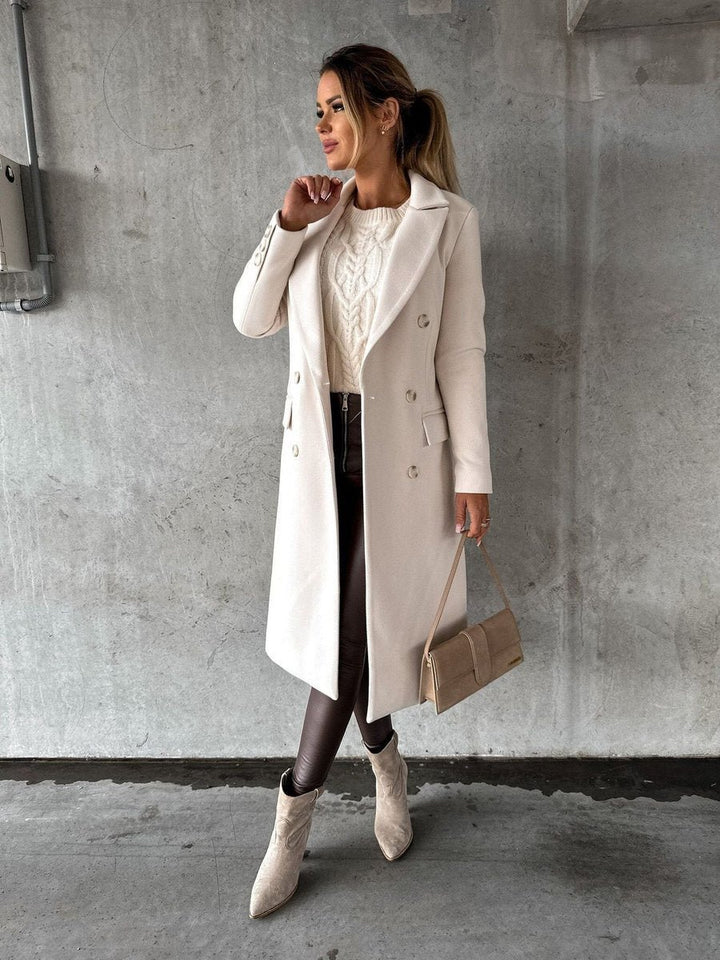 Women's Double-Breasted Midi-Length Polyester Overcoat Gold-Tone Buttons - Beige