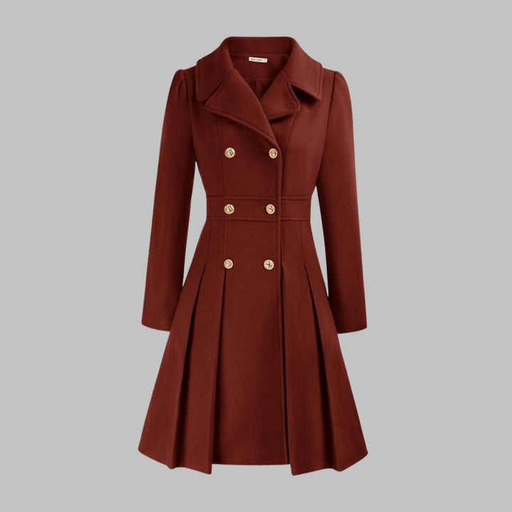 Women's Double-Breasted Pleated Flare Long Coat Jacket - Khaki