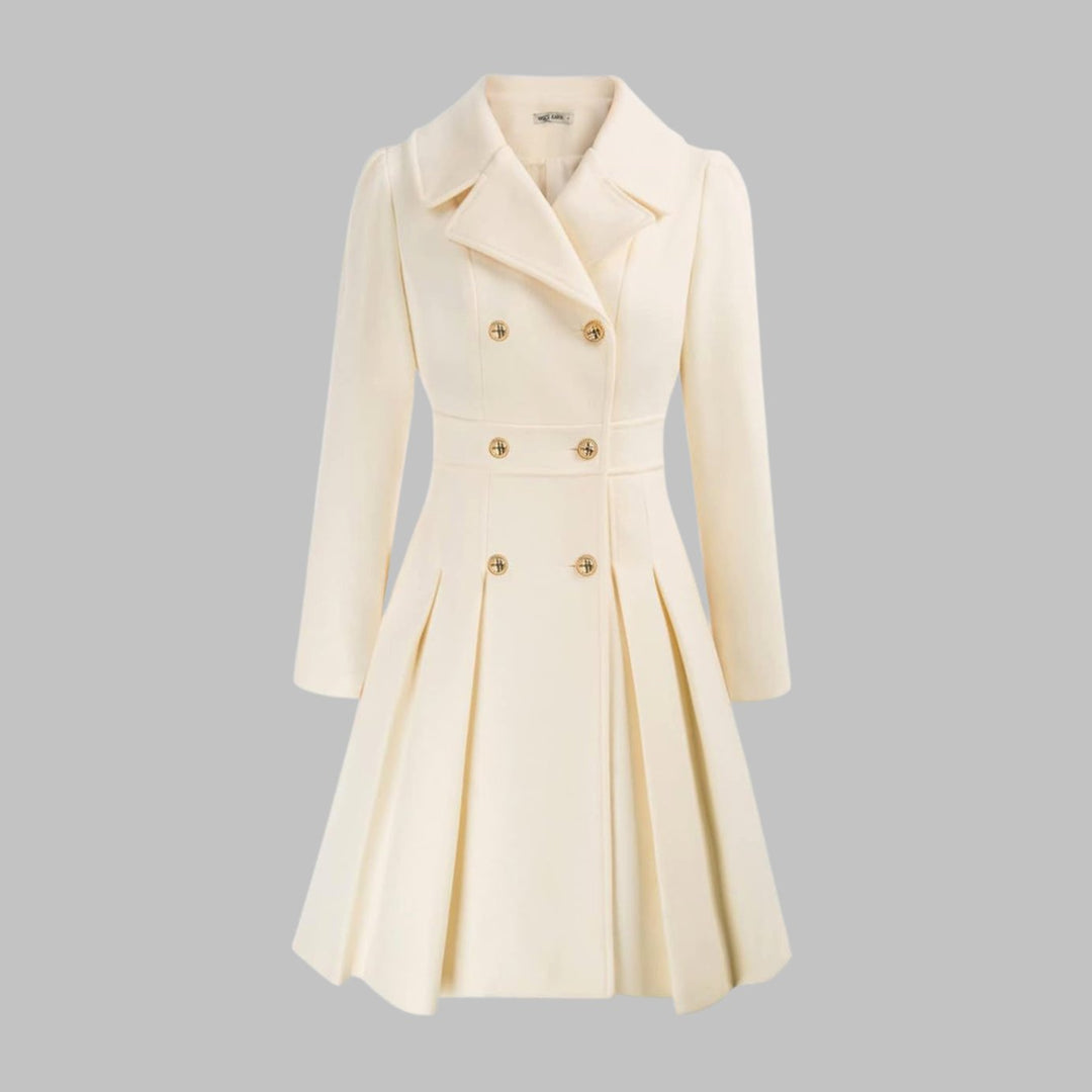 Women's Double-Breasted Pleated Flare Long Coat Jacket - White