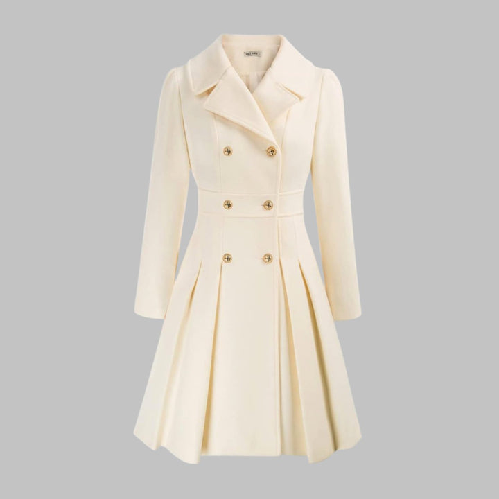 Women's Double-Breasted Pleated Flare Long Coat Jacket - White