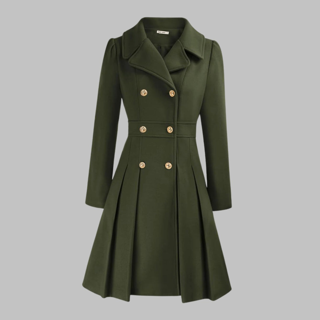 Women's Double-Breasted Pleated Flare Long Coat Jacket - Army Green