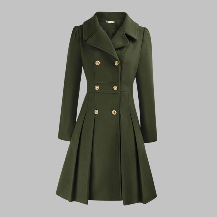 Women's Double-Breasted Pleated Flare Long Coat Jacket - Army Green