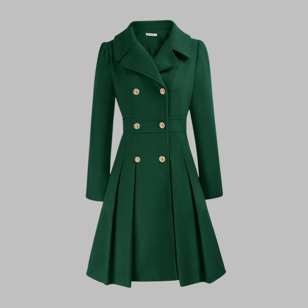 Women's Double-Breasted Pleated Flare Long Coat Jacket - Dark Green