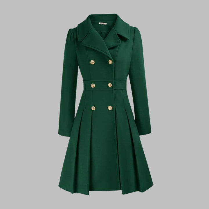 Women's Double-Breasted Pleated Flare Long Coat Jacket - Dark Green