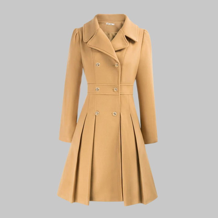 Women's Double-Breasted Pleated Flare Long Coat Jacket - Teal