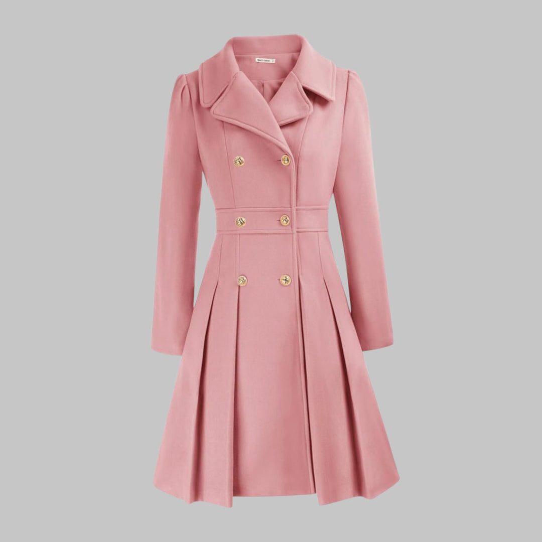 Women's Double-Breasted Pleated Flare Long Coat Jacket - Pink