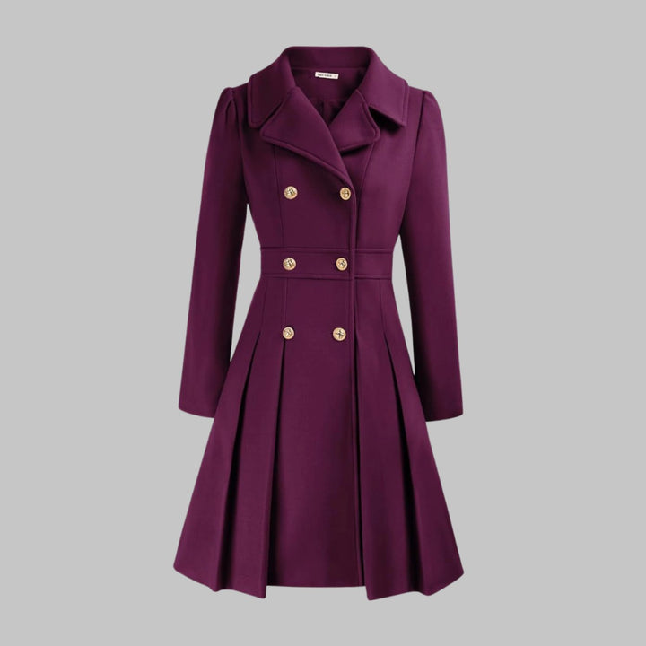 Women's Double-Breasted Pleated Flare Long Coat Jacket - Purple