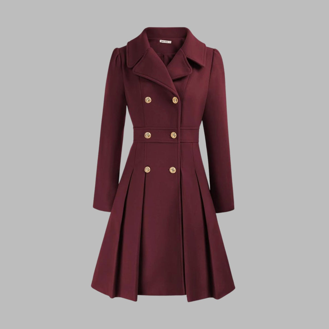 Women's Double-Breasted Pleated Flare Long Coat Jacket - Burgundy