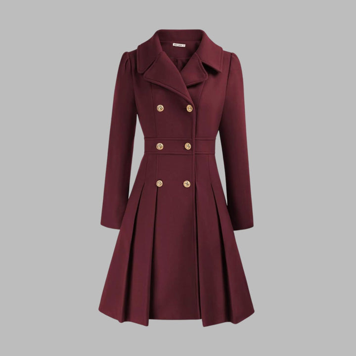 Women's Double-Breasted Pleated Flare Long Coat Jacket - Burgundy