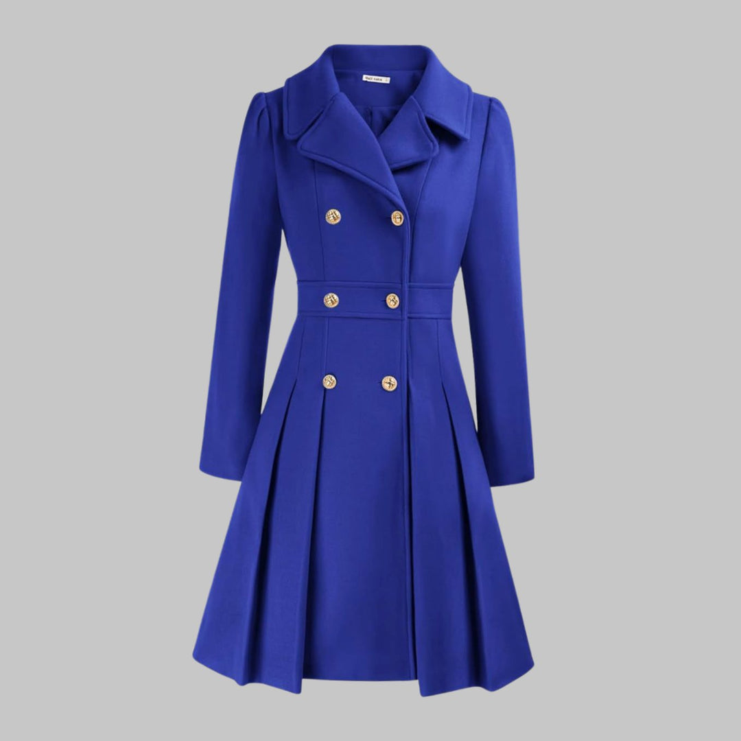 Women's Double-Breasted Pleated Flare Long Coat Jacket - Royal Blue