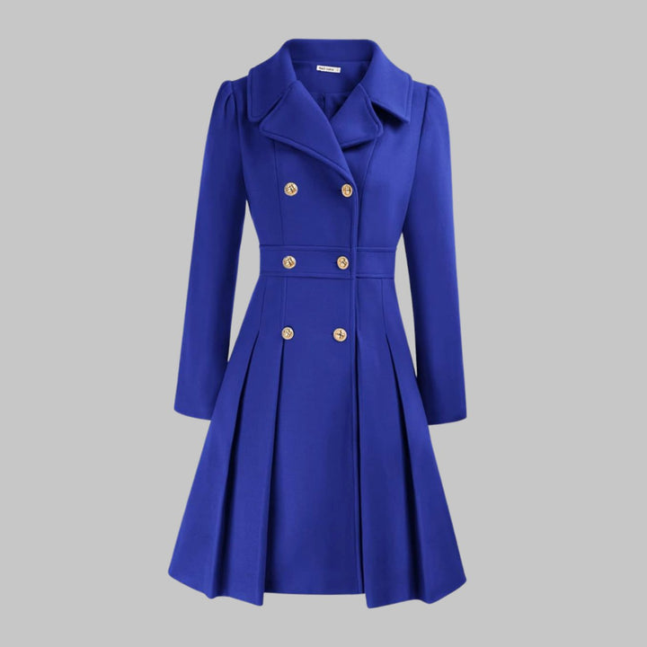 Women's Double-Breasted Pleated Flare Long Coat Jacket - Royal Blue
