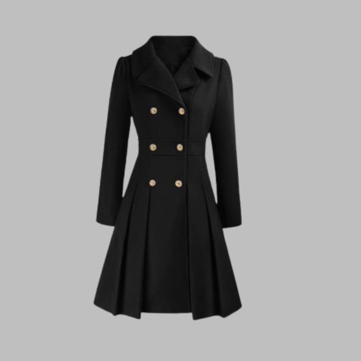 Women's Double-Breasted Pleated Flare Long Coat Jacket - Black