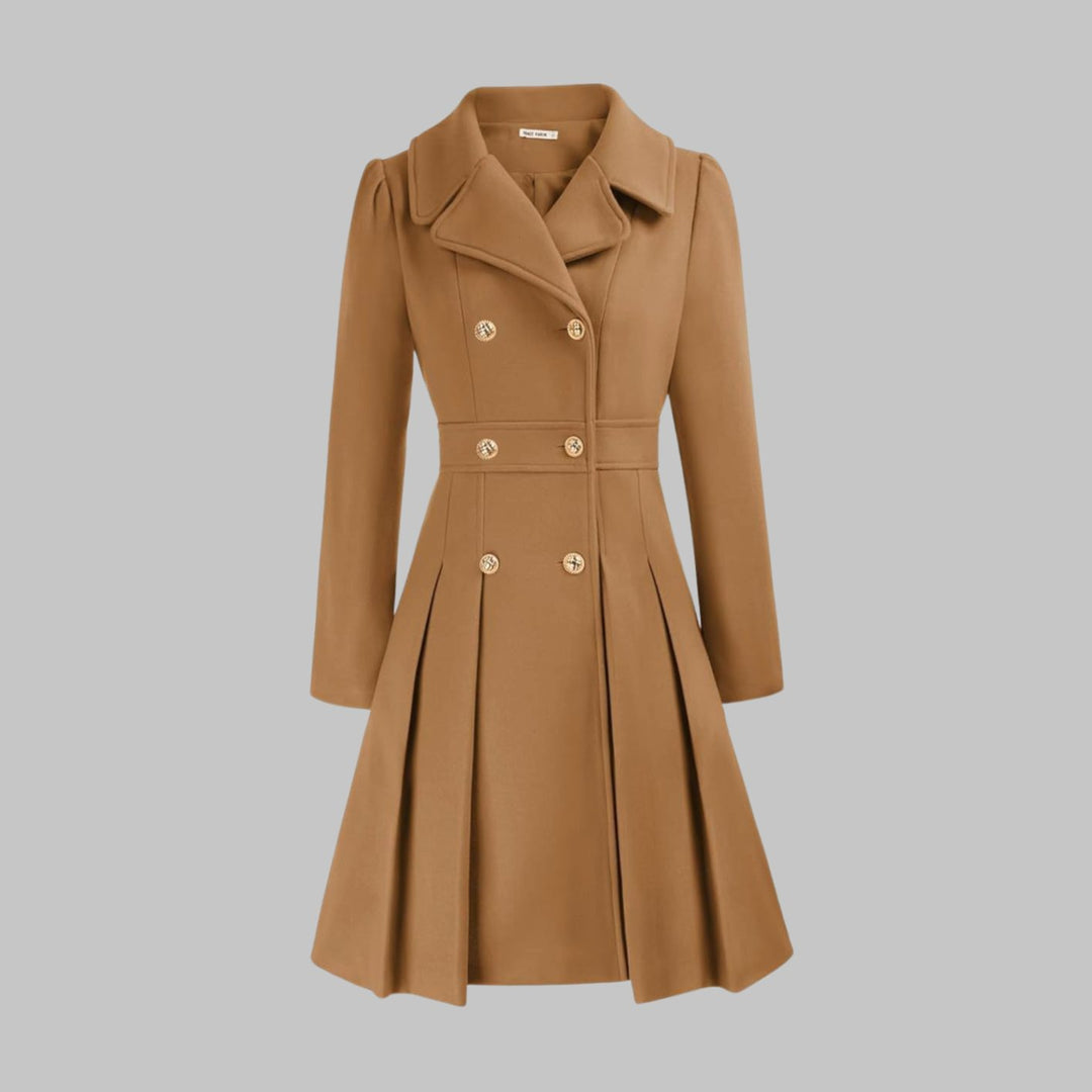 Women's Double-Breasted Pleated Flare Long Coat Jacket - Camel