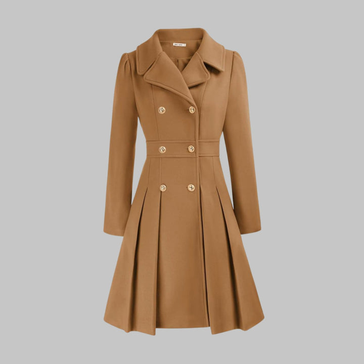 Women's Double-Breasted Pleated Flare Long Coat Jacket - Camel