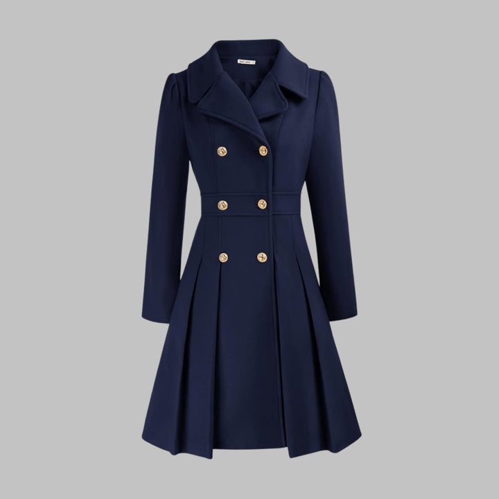 Women's Double-Breasted Pleated Flare Long Coat Jacket - Dark Blue