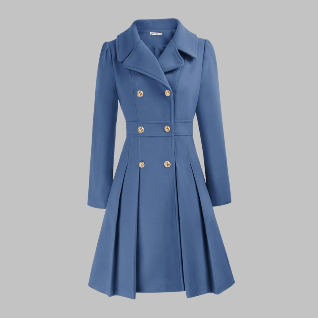 Women's Double-Breasted Pleated Flare Long Coat Jacket - Gray Blue
