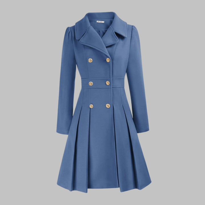 Women's Double-Breasted Pleated Flare Long Coat Jacket - Gray Blue