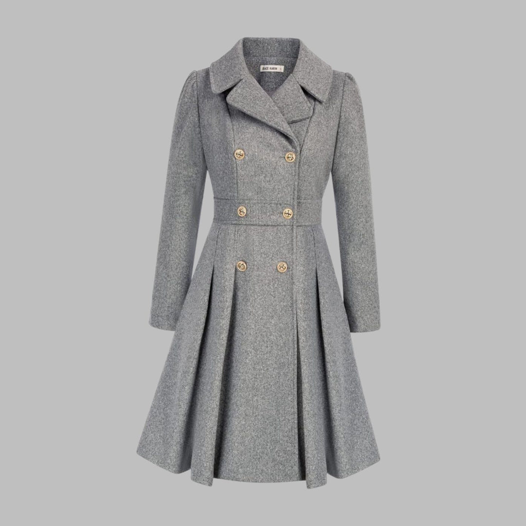 Women's Double-Breasted Pleated Flare Long Coat Jacket - Light Gray