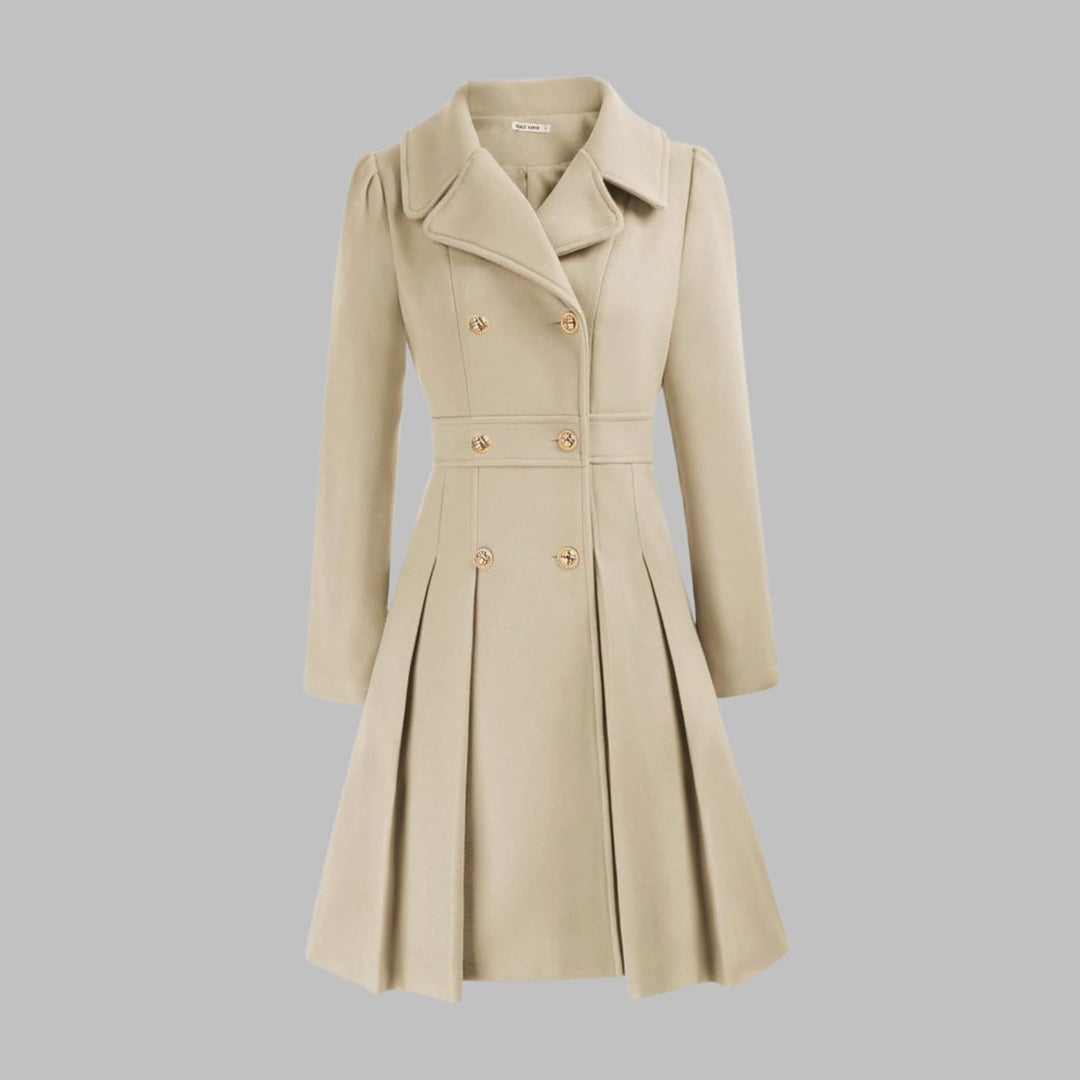 Women's Double-Breasted Pleated Flare Long Coat Jacket - Beige