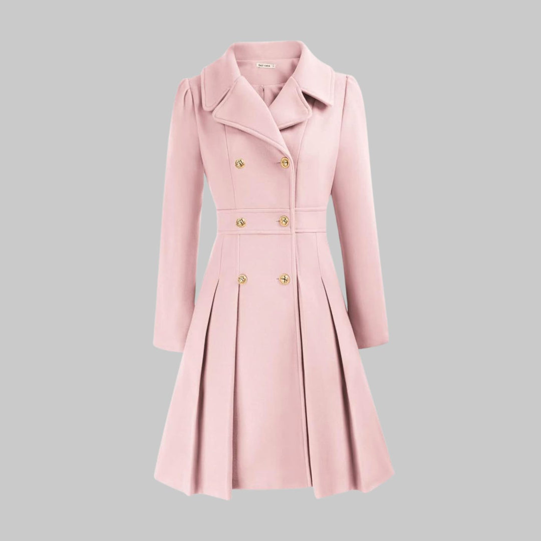 Women's Double-Breasted Pleated Flare Long Coat Jacket - Light Pink