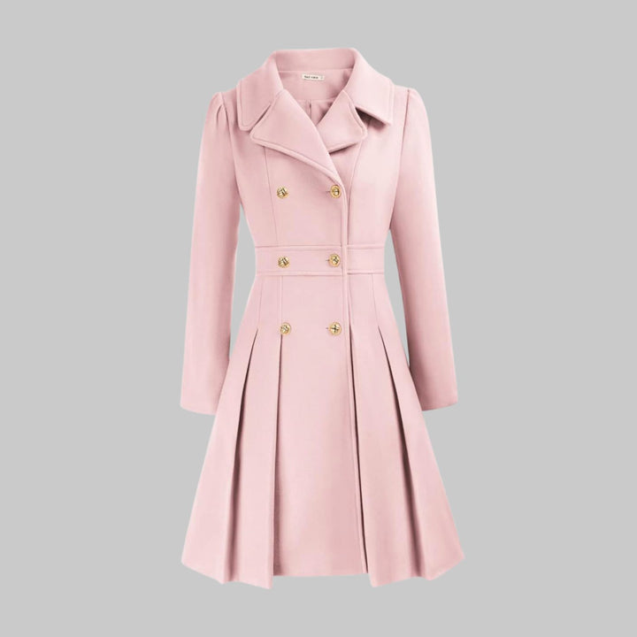 Women's Double-Breasted Pleated Flare Long Coat Jacket - Light Pink