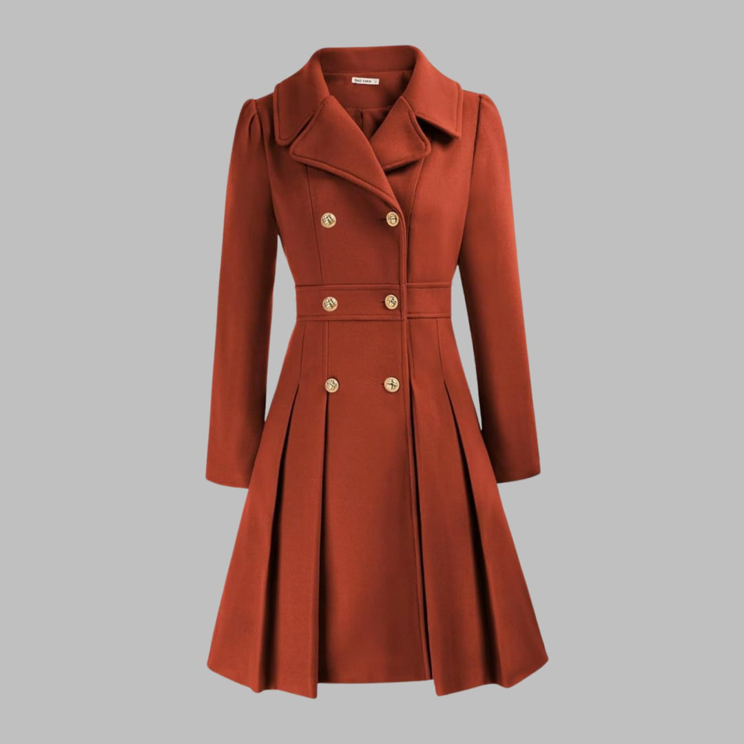 Women's Double-Breasted Pleated Flare Long Coat Jacket
