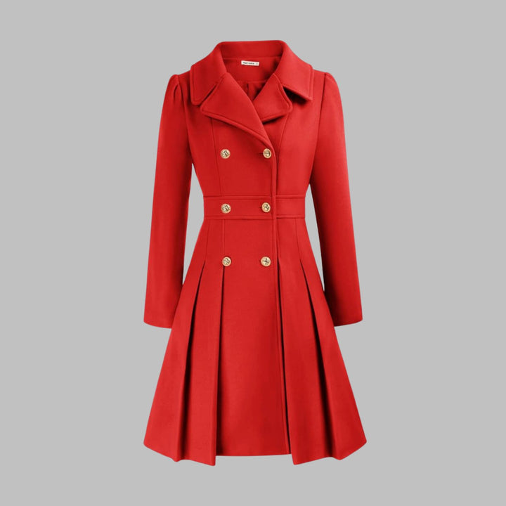 Women's Double-Breasted Pleated Flare Long Coat Jacket - Orange
