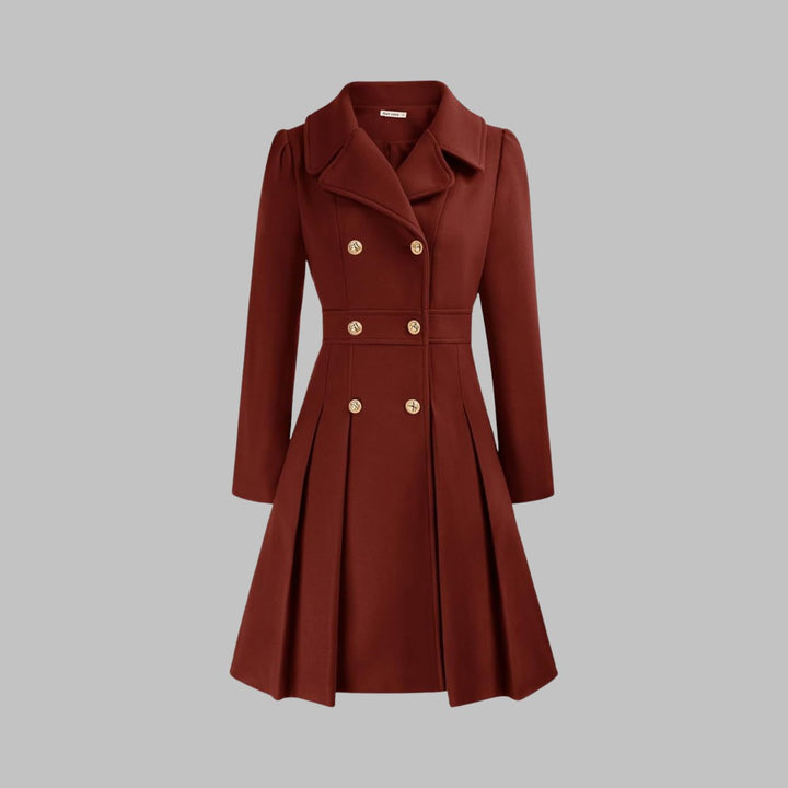Women's Double-Breasted Pleated Flared Long Sleeve Coat - Red