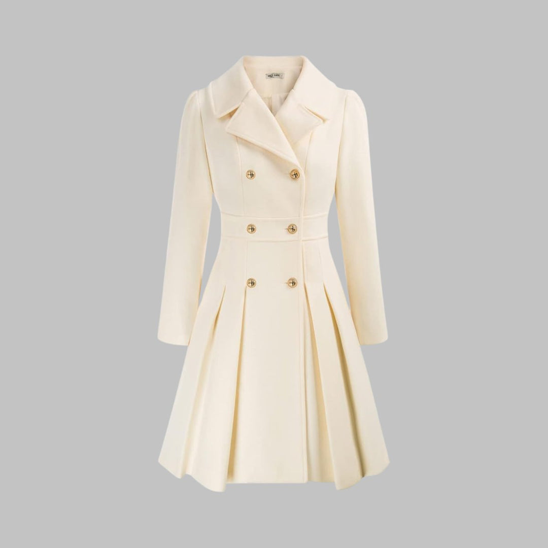Women's Double-Breasted Pleated Flared Long Sleeve Coat - White