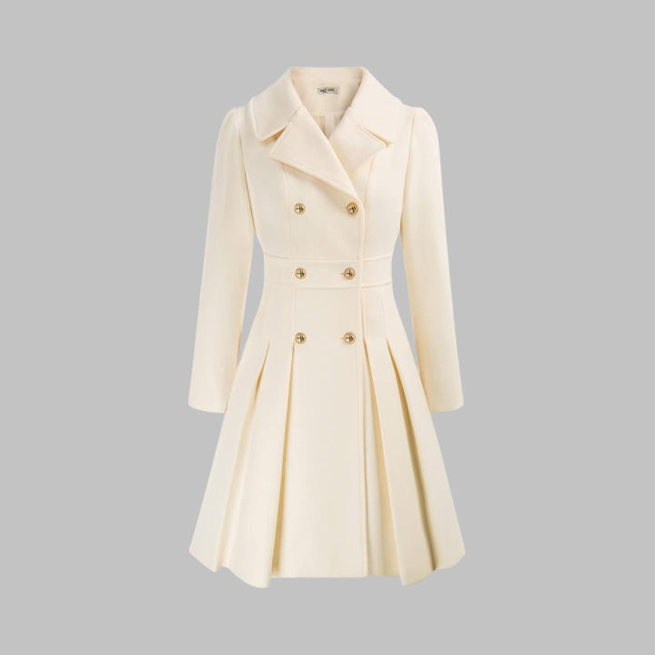 Women's Double-Breasted Pleated Flared Long Sleeve Coat - White