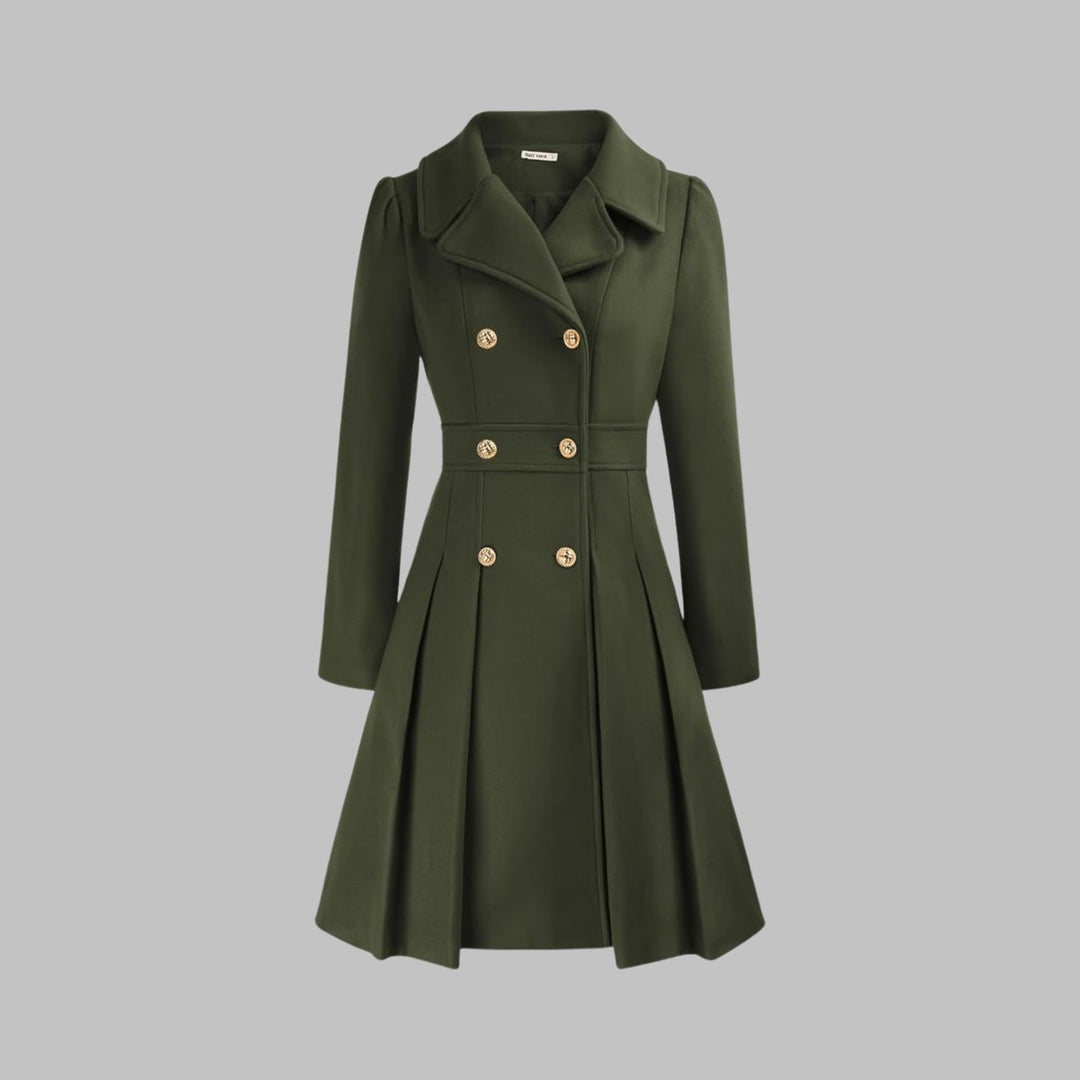 Women's Double-Breasted Pleated Flared Long Sleeve Coat - Army Green