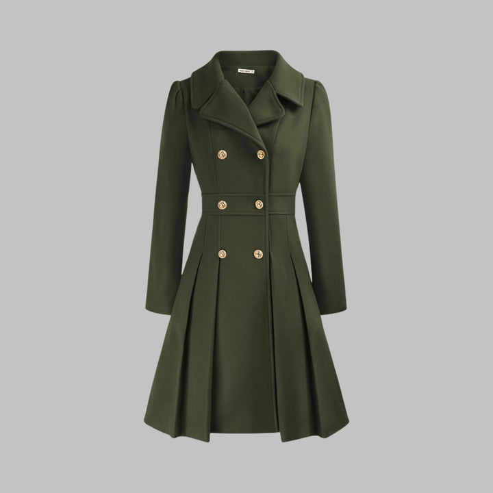 Women's Double-Breasted Pleated Flared Long Sleeve Coat - Army Green