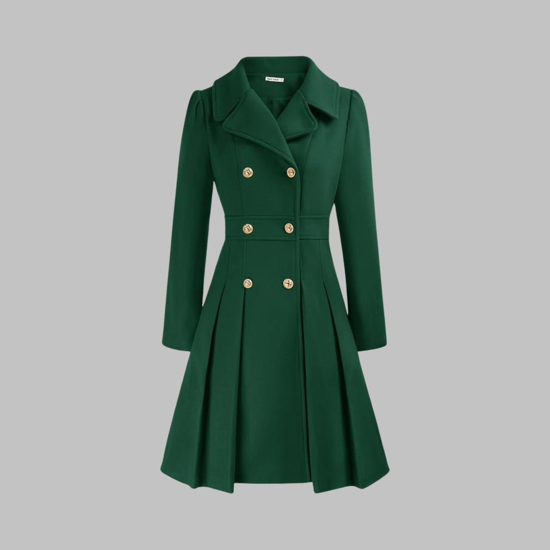 Women's Double-Breasted Pleated Flared Long Sleeve Coat - Dark Green