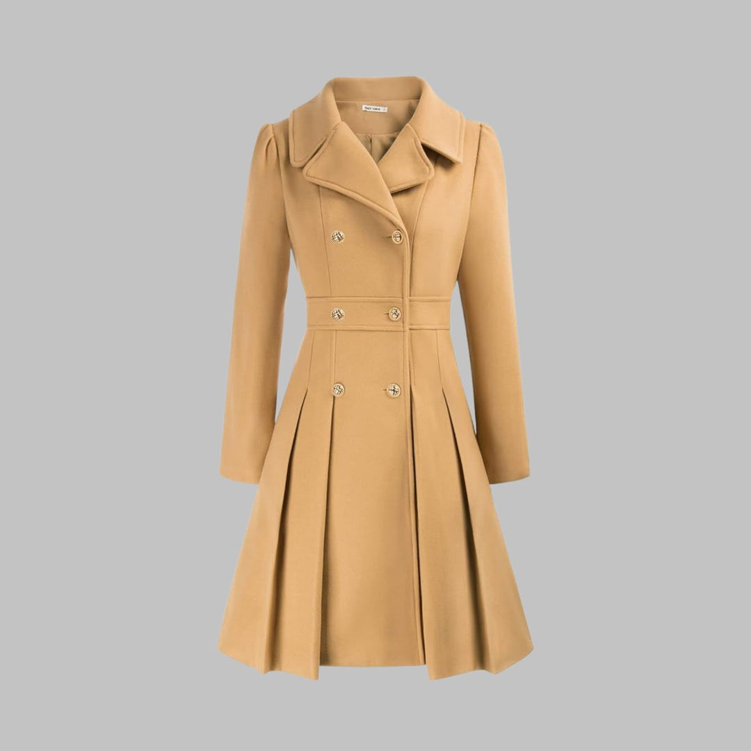 Women's Double-Breasted Pleated Flared Long Sleeve Coat - Teal