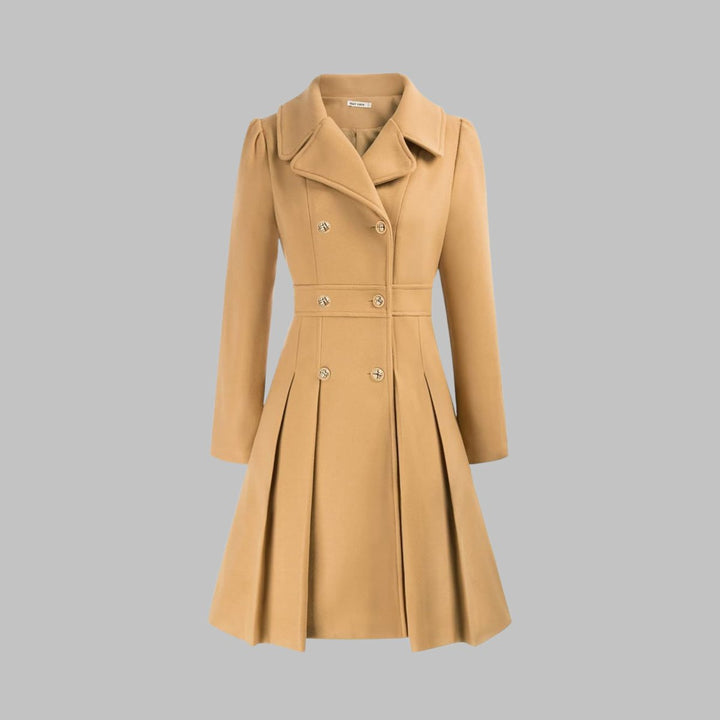 Women's Double-Breasted Pleated Flared Long Sleeve Coat - Teal