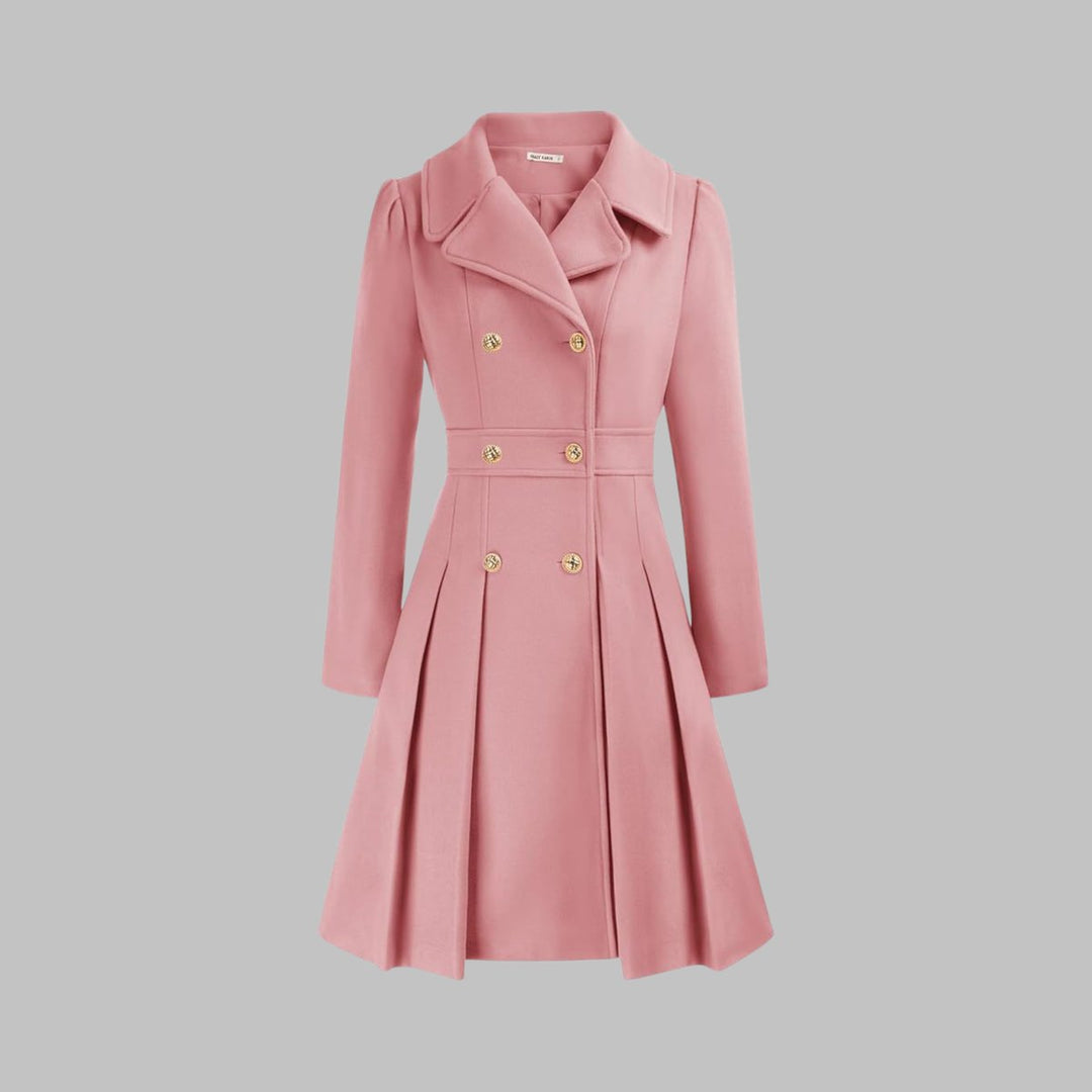 Women's Double-Breasted Pleated Flared Long Sleeve Coat - Pink