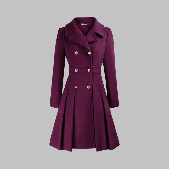 Women's Double-Breasted Pleated Flared Long Sleeve Coat - Purple