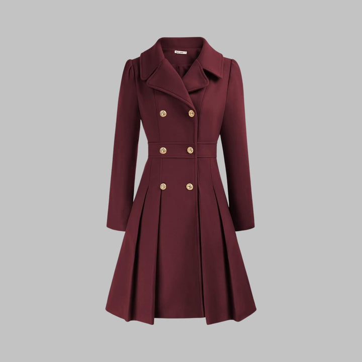 Women's Double-Breasted Pleated Flared Long Sleeve Coat - Deep Red