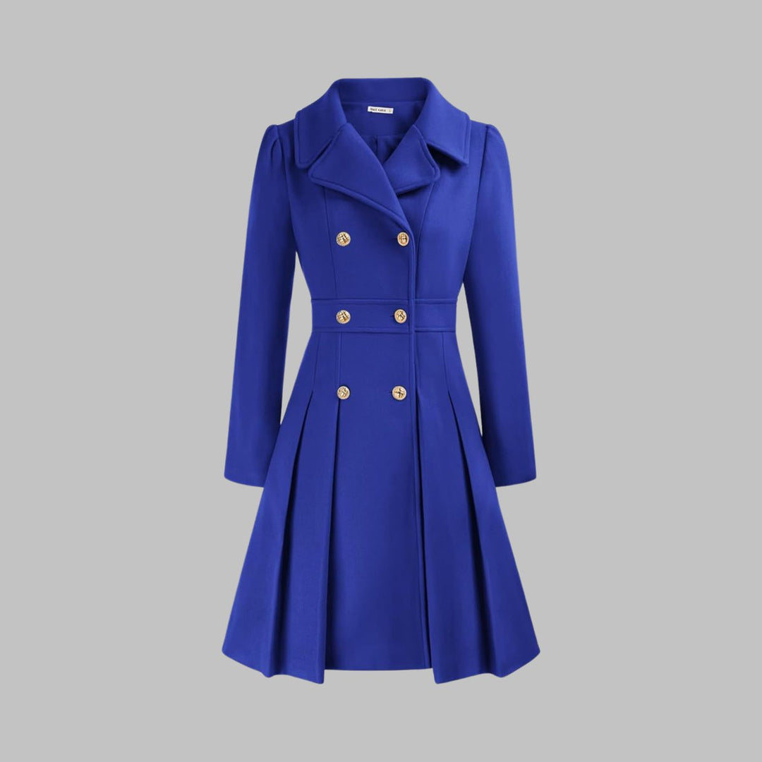Women's Double-Breasted Pleated Flared Long Sleeve Coat - Royal Blue