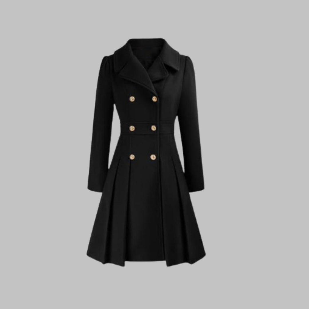 Women's Double-Breasted Pleated Flared Long Sleeve Coat - Black